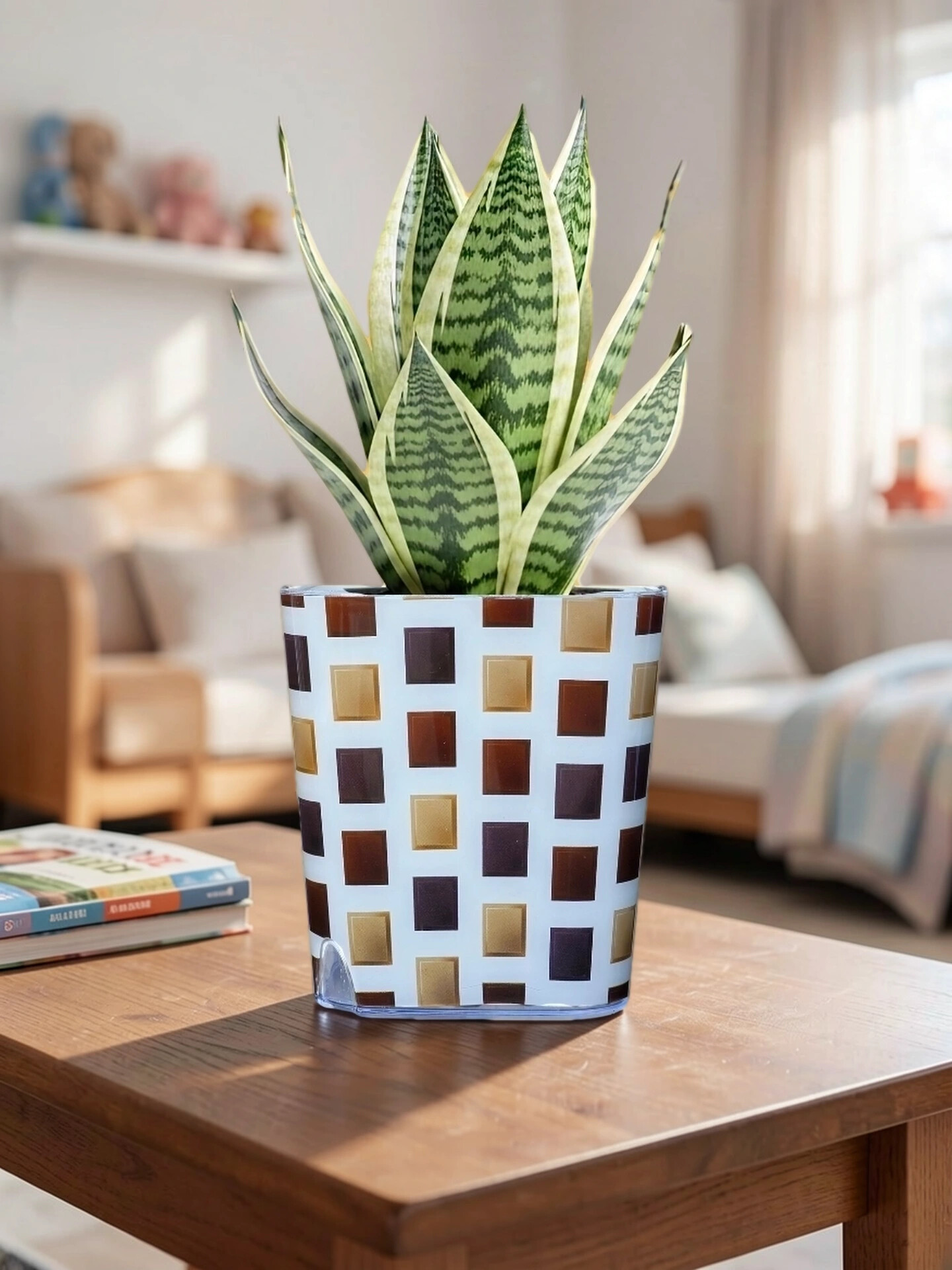 A glossy self-watering planter in the blue-and-white Oriental pattern