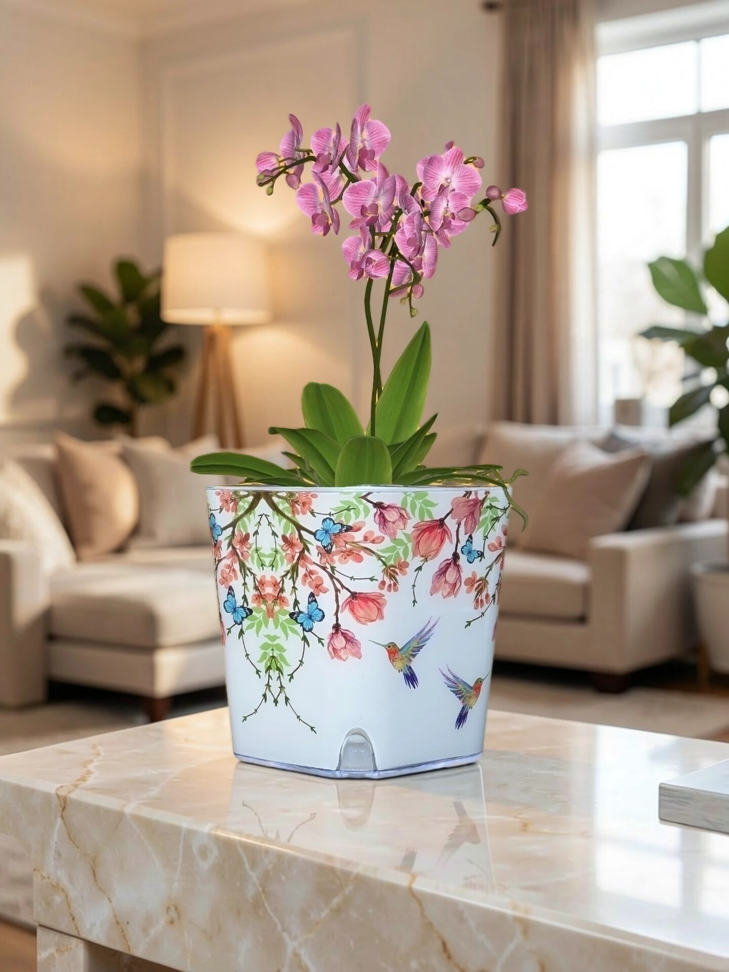 A glossy ELVE planter on a side table with its water-level indicator visible